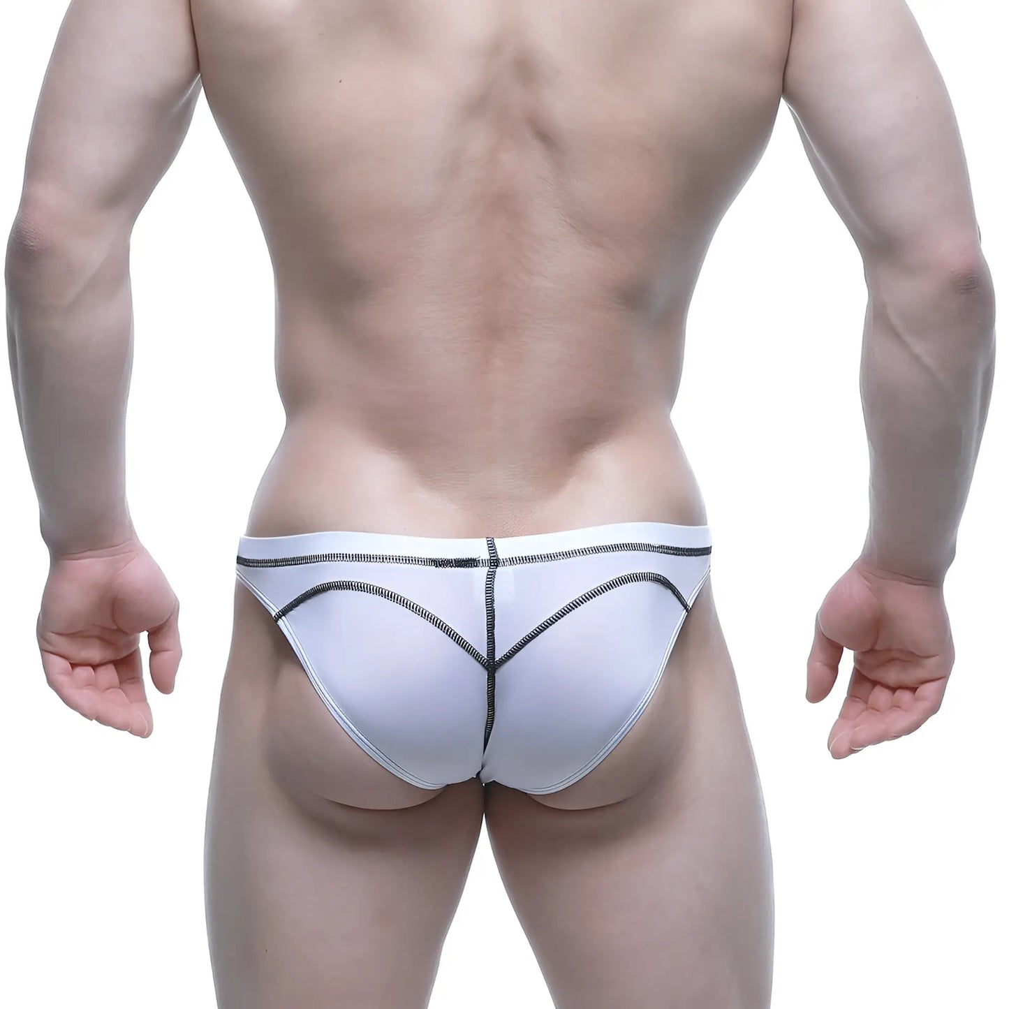 White athletic briefs with black zigzag stitching by MetroMaleWear designed as sheer swim bikini for men