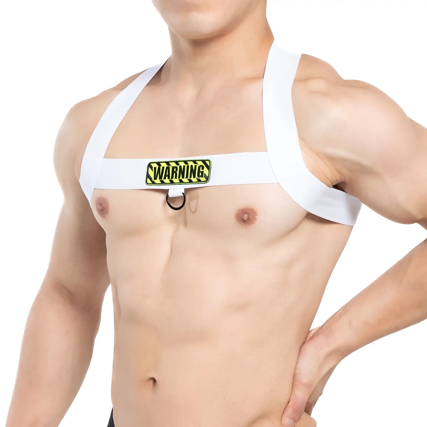 White MetroMaleWear warning harness with yellow and black warning patch across the chest for safety use
