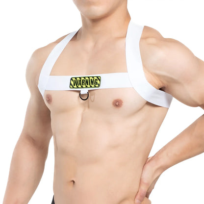 White MetroMaleWear warning harness with yellow and black warning patch across the chest for safety use