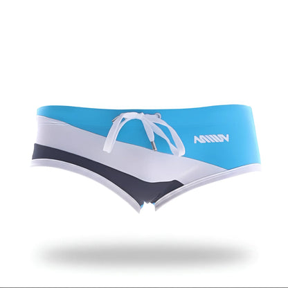 MetroMaleWear wave swim brief in turquoise with blue white and black stripes and a drawstring waistband