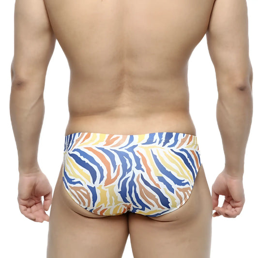 MetroMaleWear Zebra Bikini 5103-38 vibrant blue yellow and orange zebra-striped swim trunks with bold pattern