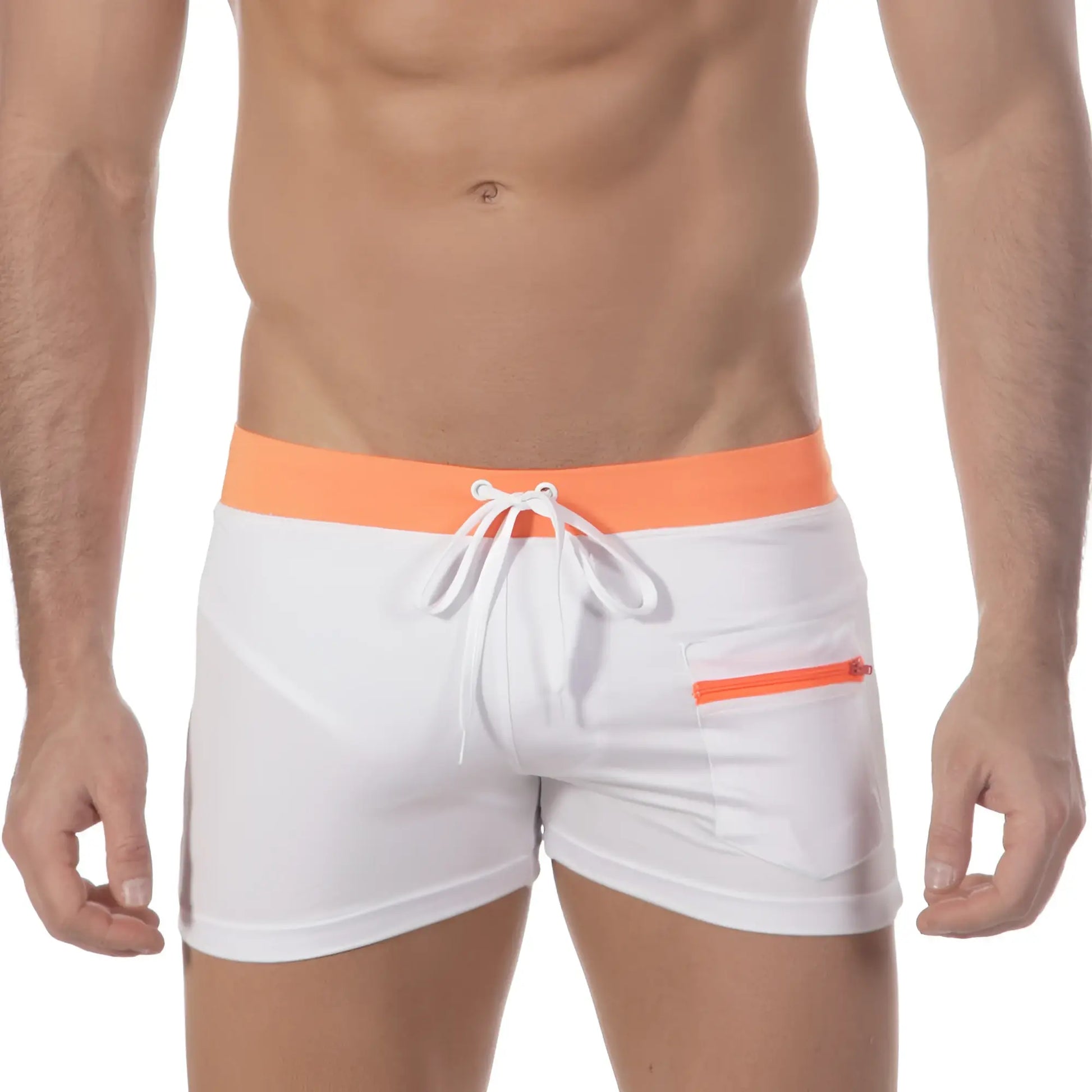 White swim trunks with bright orange waistband and zipper pocket featuring white drawstrings metroMalewear zipper swim boxer