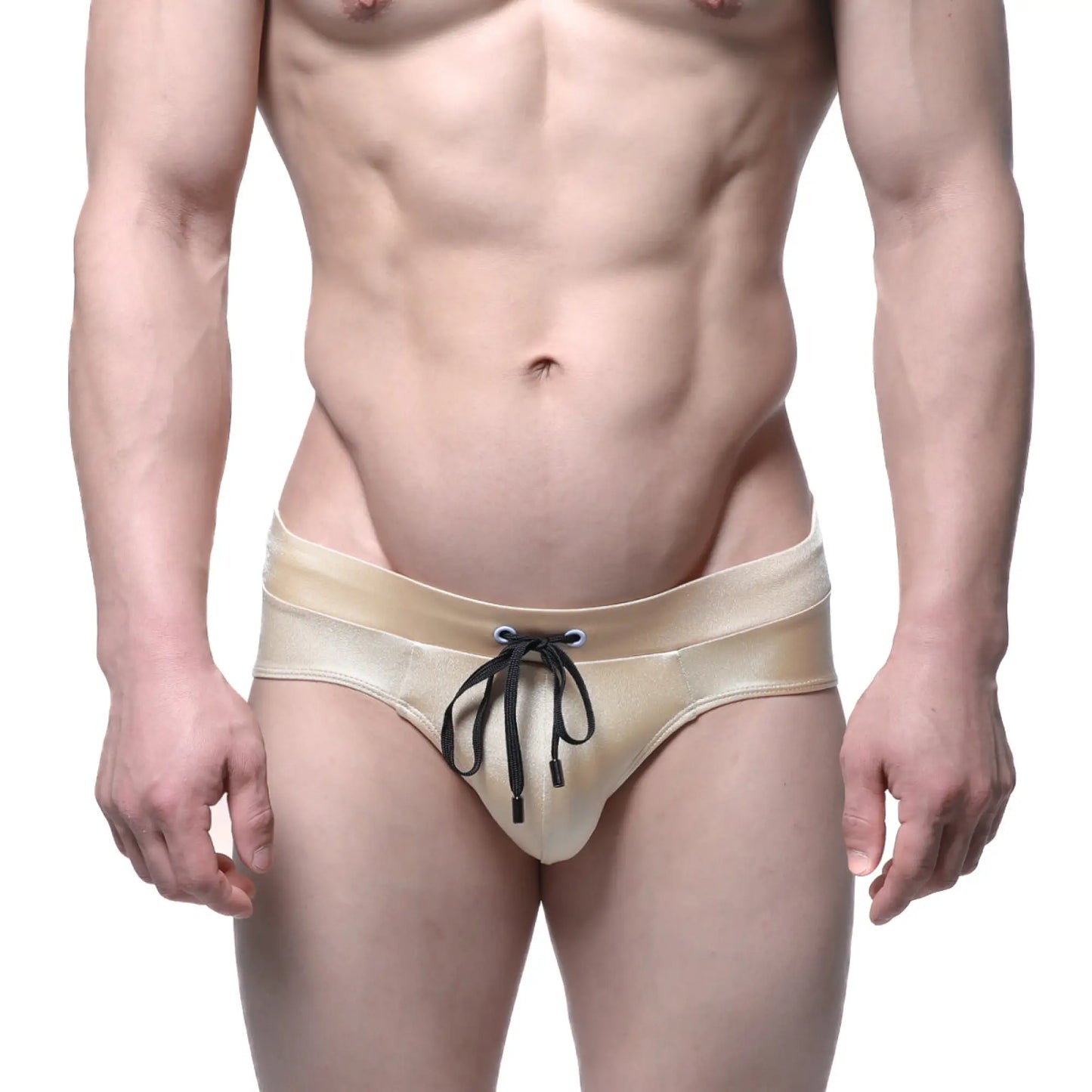 Beige satin briefs with black drawstring ties metro male wear madrid swim brief gold 4973-21