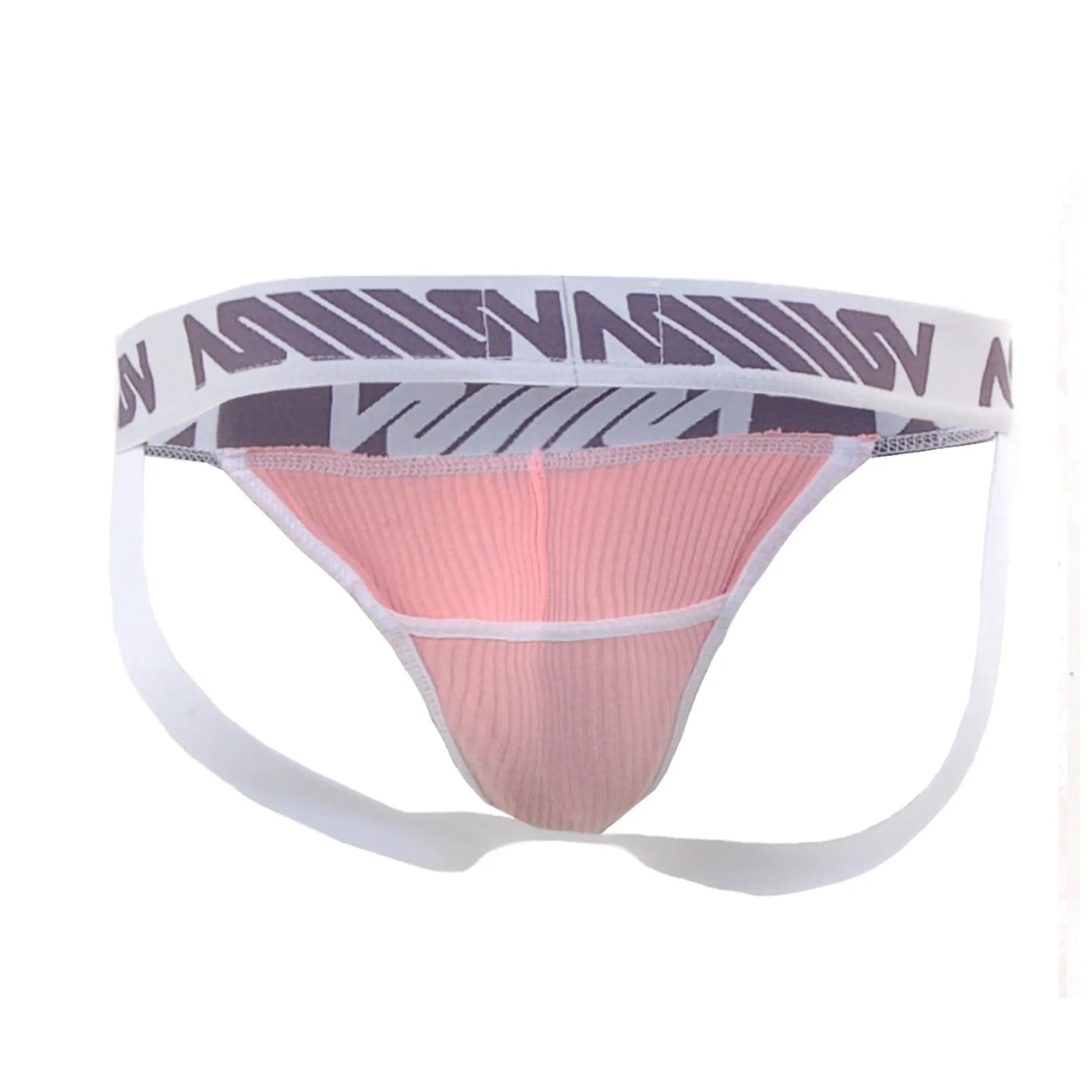 Pink ribbed athletic briefs with a white waistband featuring a bold purple and gray geometric logo pattern by metromalewear