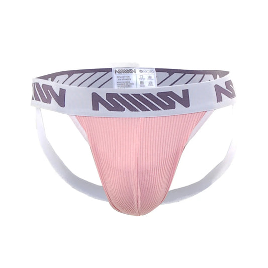 Pink ribbed athletic brief with white waistband and gray n logos from metromalewear magic jock strap marshmallow pink