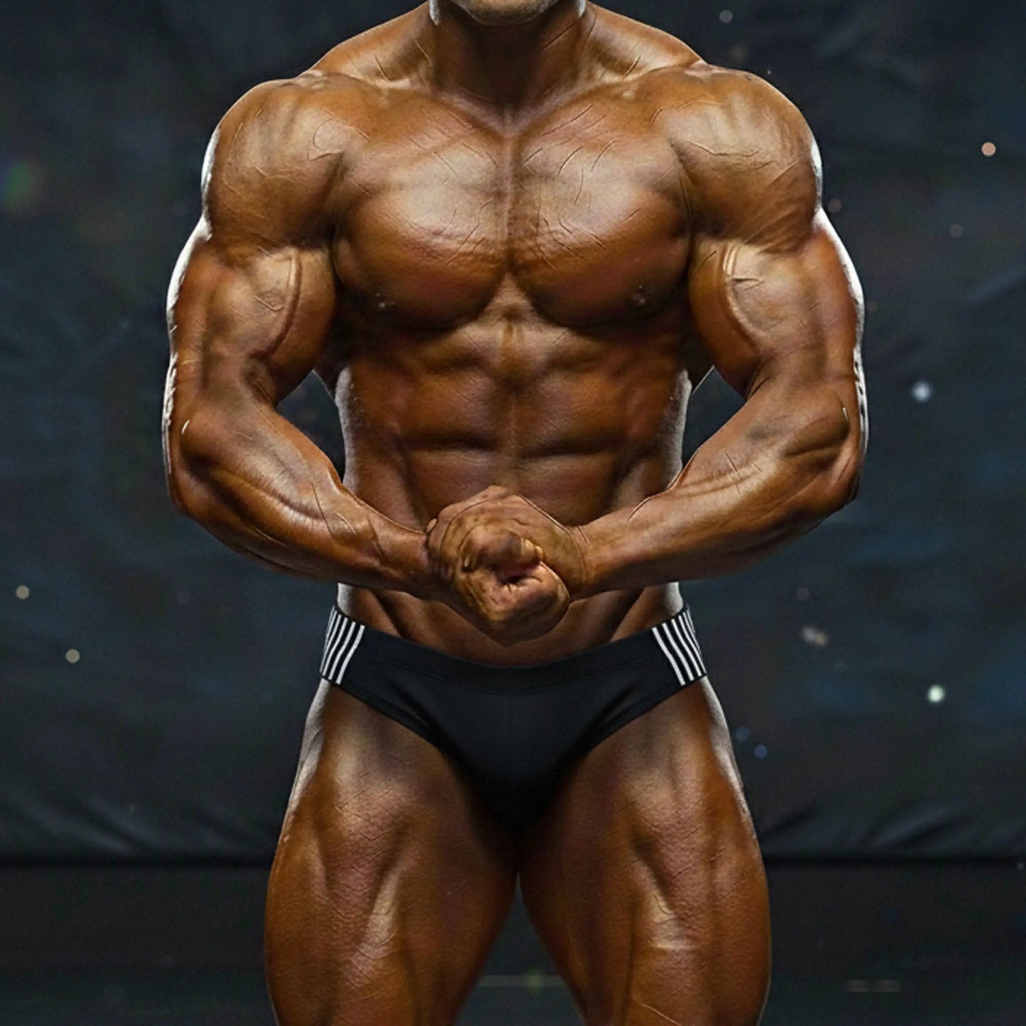 A muscular male bodybuilder wearing black metro malewear magnetic swim bikini with white stripe waistband