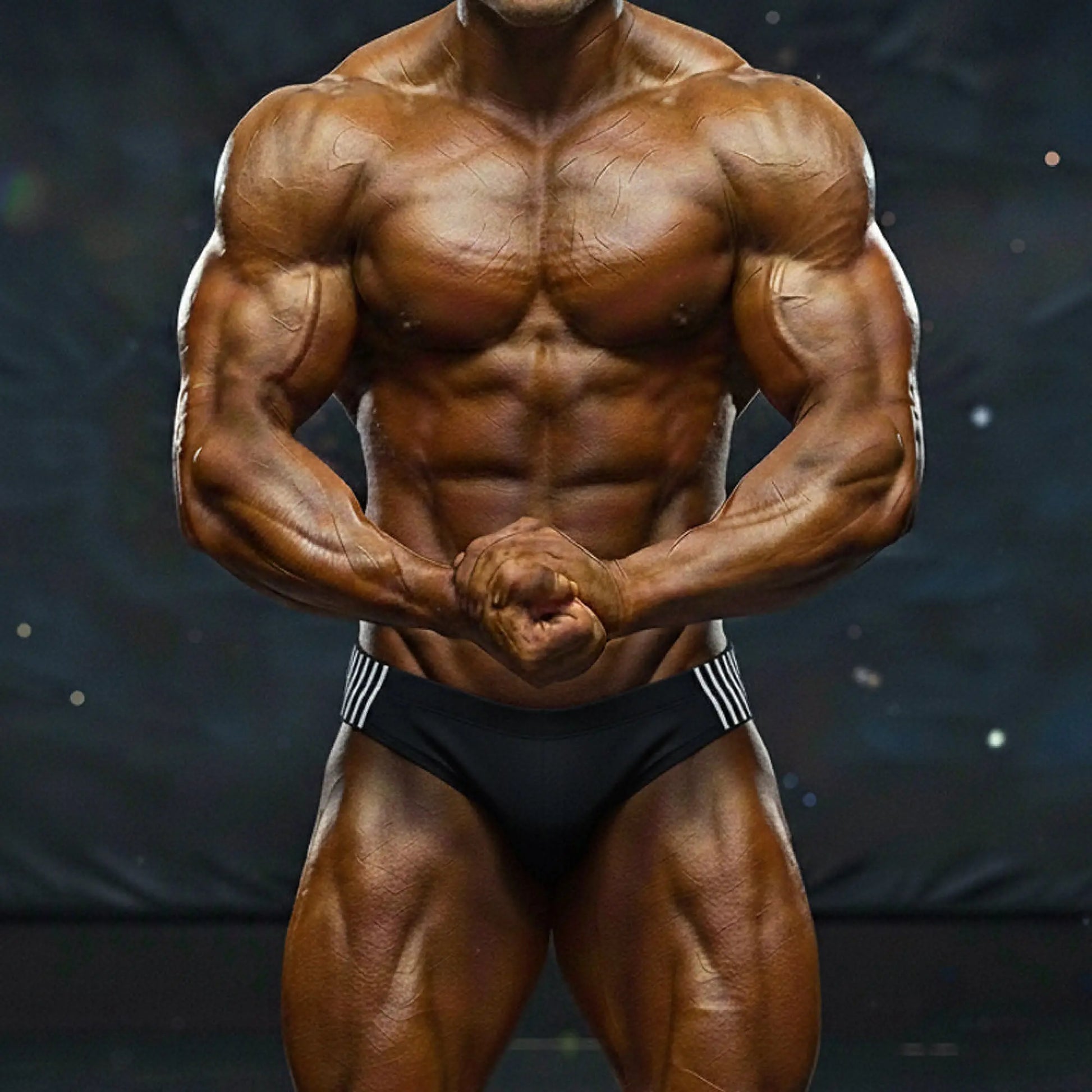 A muscular male bodybuilder wearing black metro malewear magnetic swim bikini with white stripe waistband