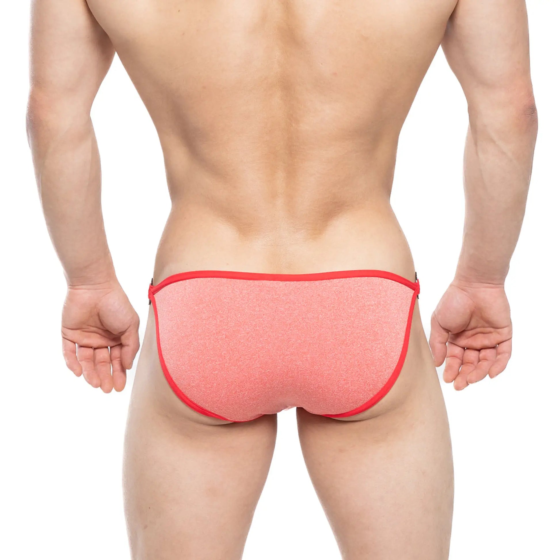 Coral-colored textured metroMalewear mahana bikini brief with bold red trim in orange 6204-14 design