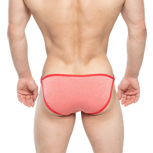 Coral-colored textured metroMalewear mahana bikini brief with bold red trim in orange 6204-14 design