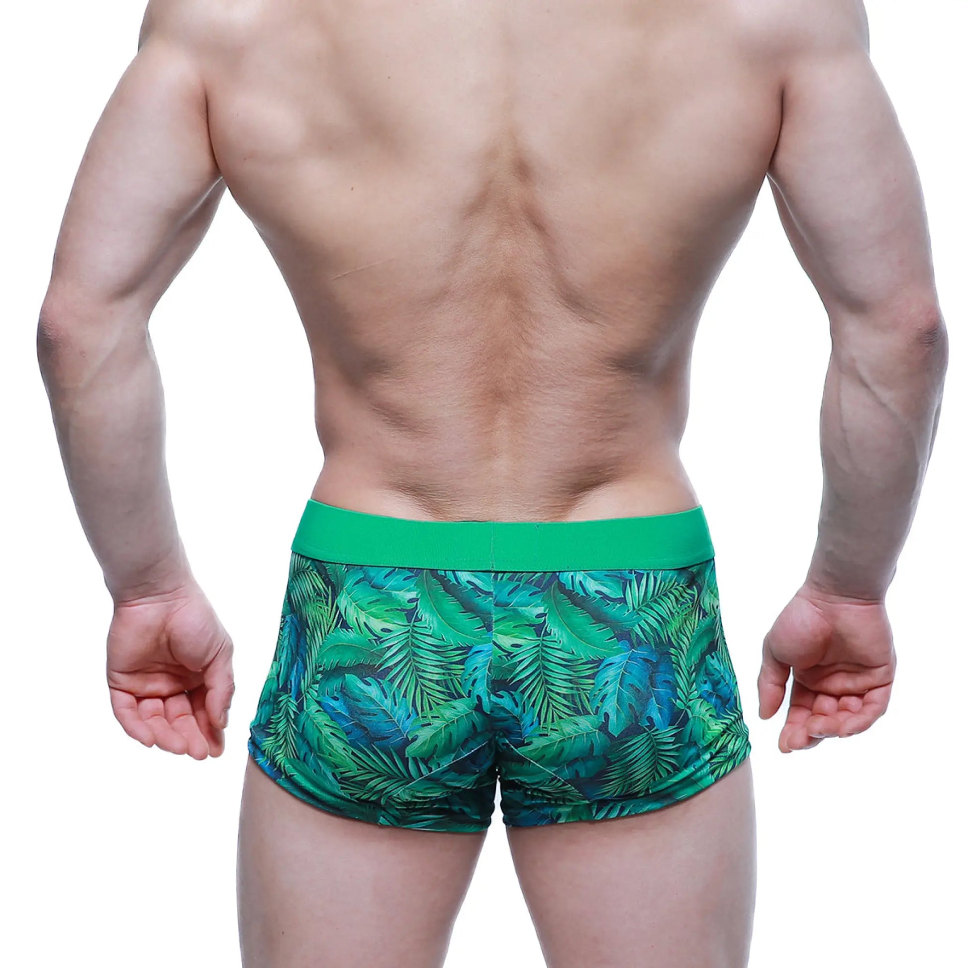 MetroMaleWear Maintenant boxer brief swim trunks with green tropical leaf pattern and solid green waistband