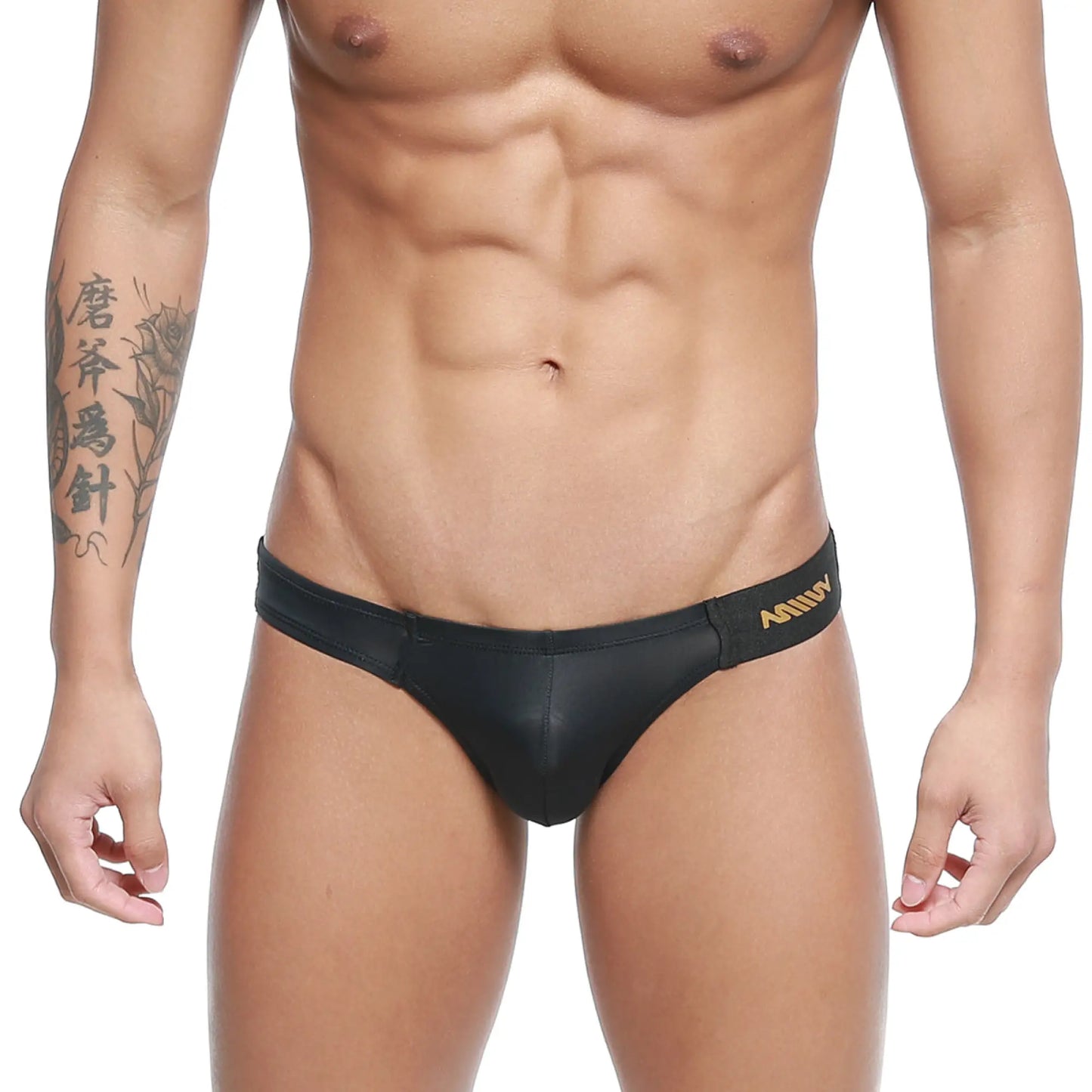 Black leather-like swim trunks with gold metro malewear branding on waistband metro malon bikini black 3603-29