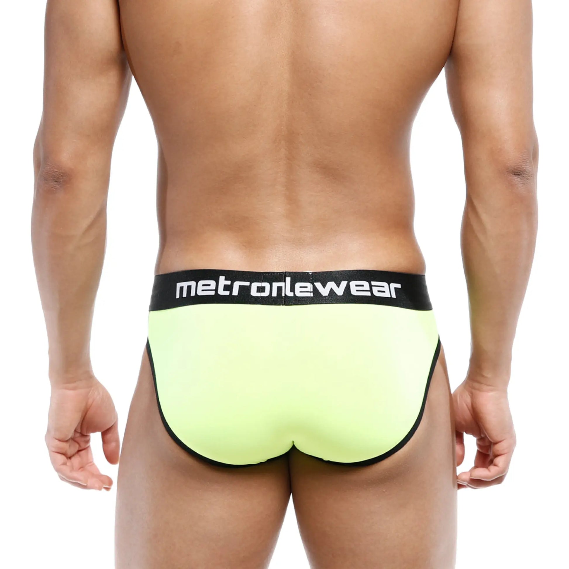 MetroMaleWear Martini brief neon green bright yellow with black trim and waistband featuring MetroMaleWear logo