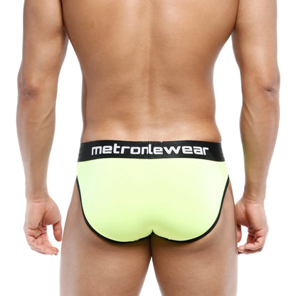 MetroMaleWear Martini brief neon green bright yellow with black trim and waistband featuring MetroMaleWear logo