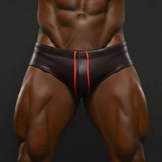 MetroMaleWear Masculino swim bikini red 4922-31 black leather briefs with bold red vertical stripe down center
