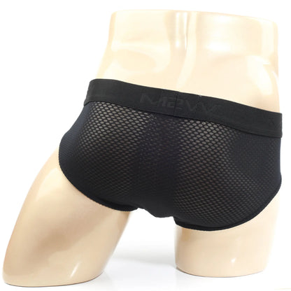 MetroMaleWear Matrix brief black black mesh with solid elastic waistband featuring m2vw logo front view