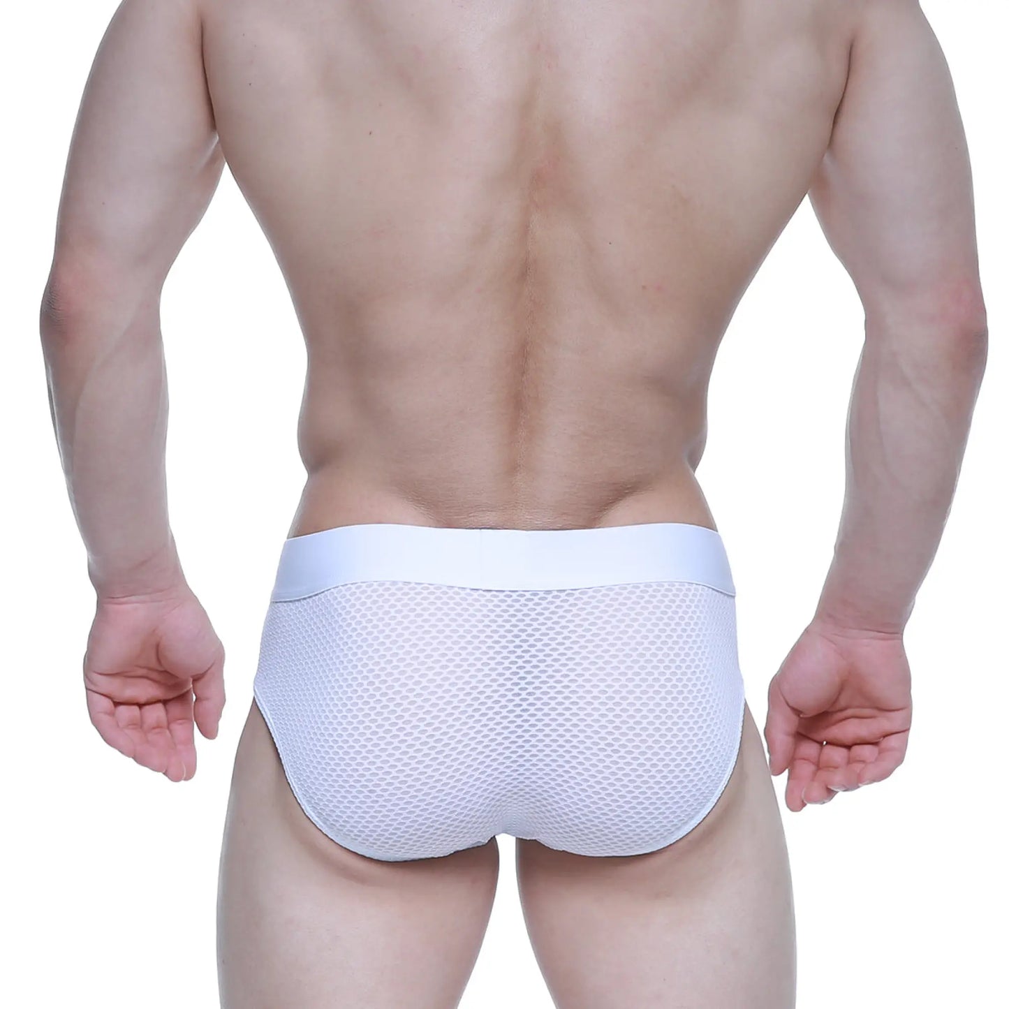 White mesh briefs with a solid white waistband from metromalewear matrix brief 5003-51 for comfortable daily wear