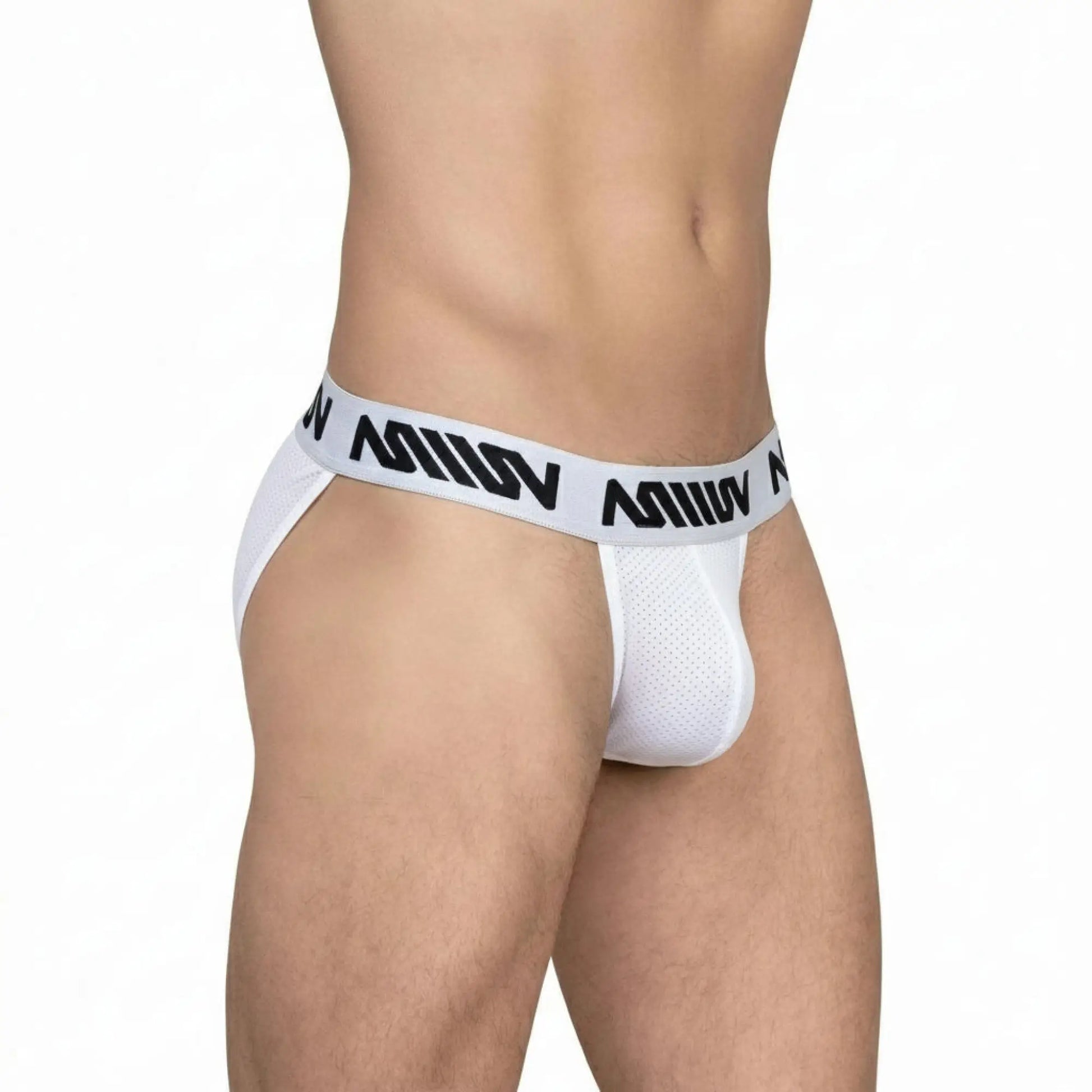 White mesh briefs with black miiiv logo band from metromalewear max bikini 3105-02 showcasing breathable fabric