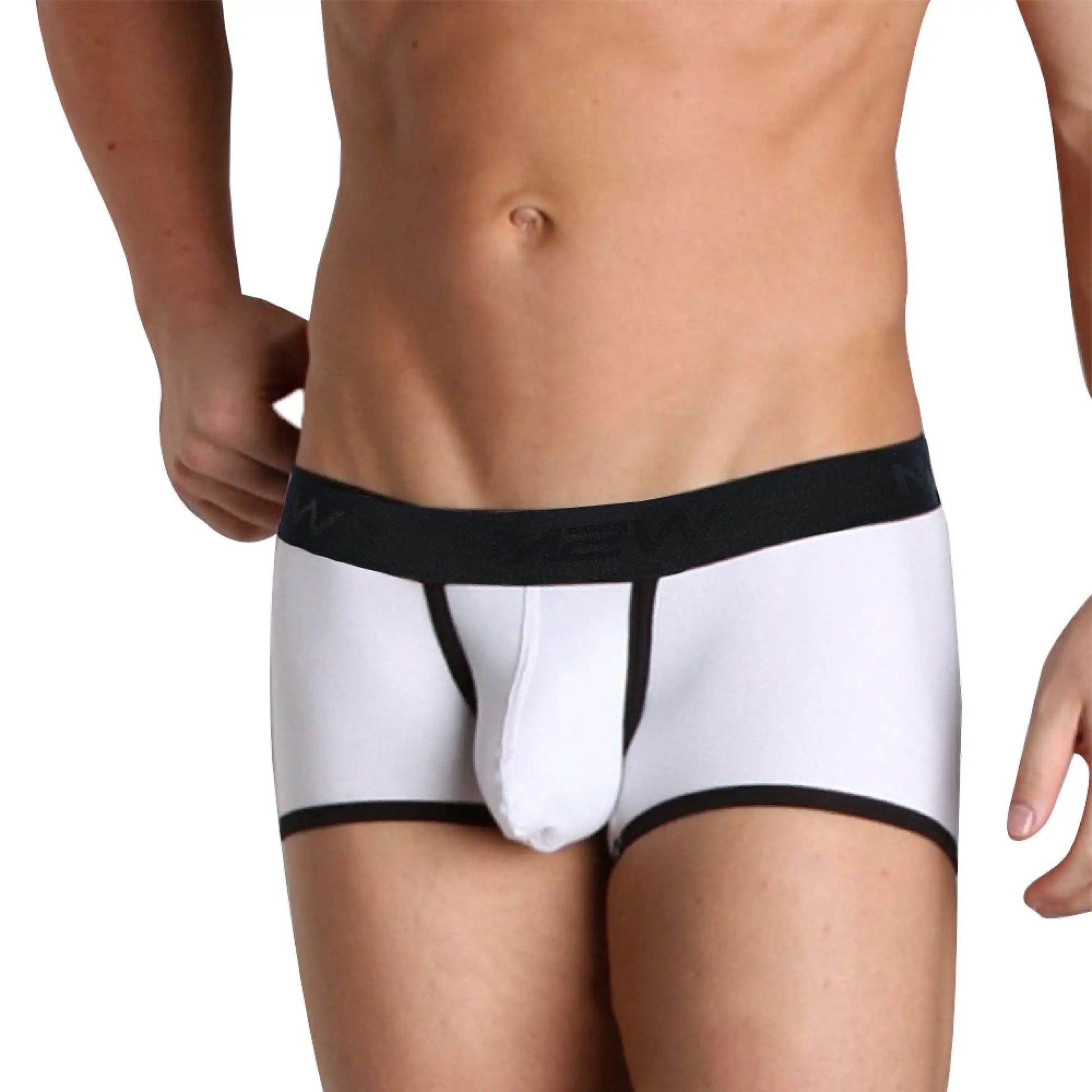 White men’s briefs with black elastic waistband and supportive pouch design by MetroMaleWear Max Boxer Contrast 3013-44