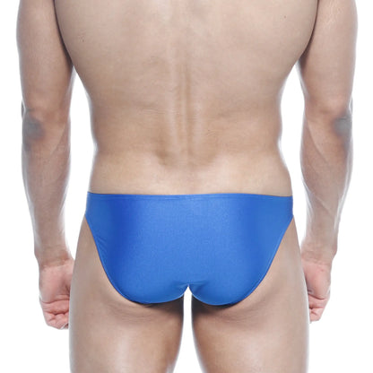Bright blue metroMalewear max bulge bikini one-piece swim trunks with sleek smooth form-fitting design