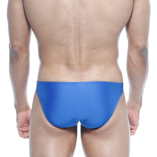 Bright blue metroMalewear max bulge bikini one-piece swim trunks with sleek smooth form-fitting design