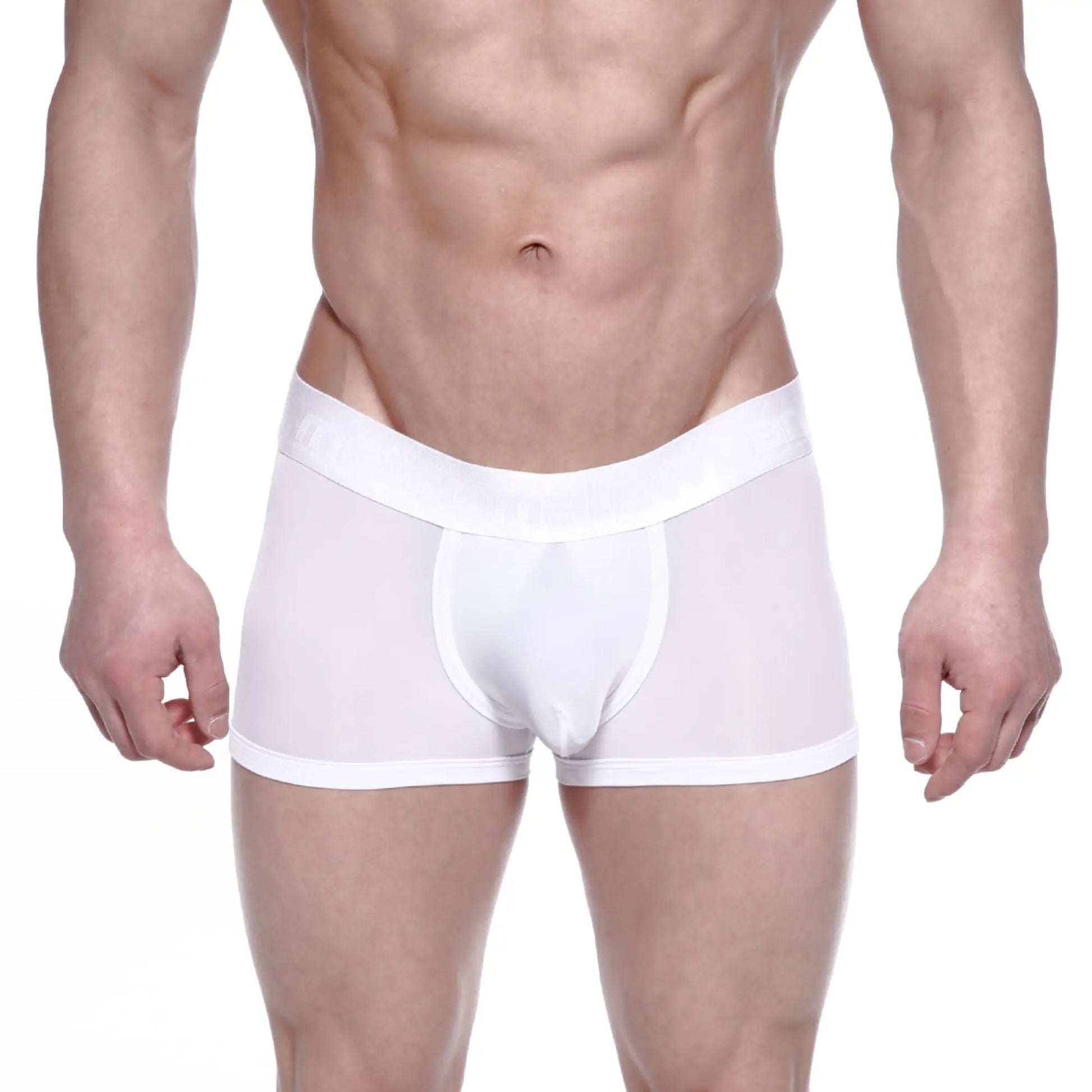 White sheer metro male wear max bulge boxer brief with solid white waistband and leg openings