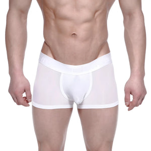 White sheer metro male wear max bulge boxer brief with solid white waistband and leg openings