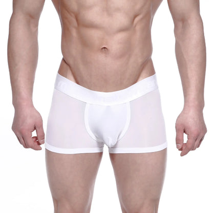 White sheer metro male wear max bulge boxer brief with solid white waistband and leg openings
