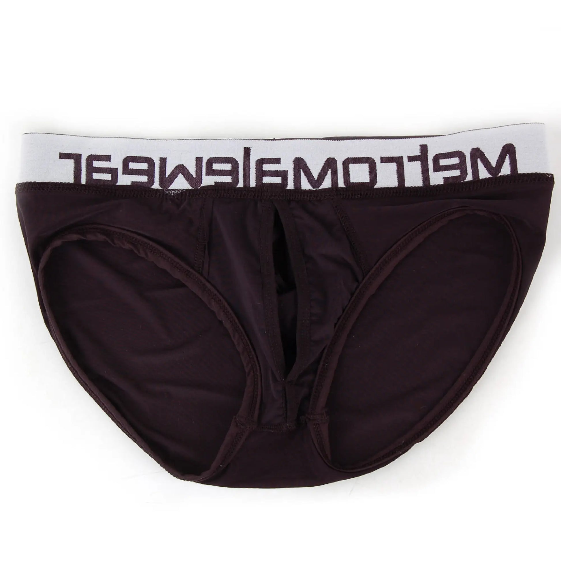 Black mens briefs with white elastic waistband featuring meltomwear logo in black metroMaleWear max bulge brief