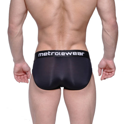 Black metro.ewear briefs with a sleek form-fitting design and subtle sheen for enhanced comfort and style