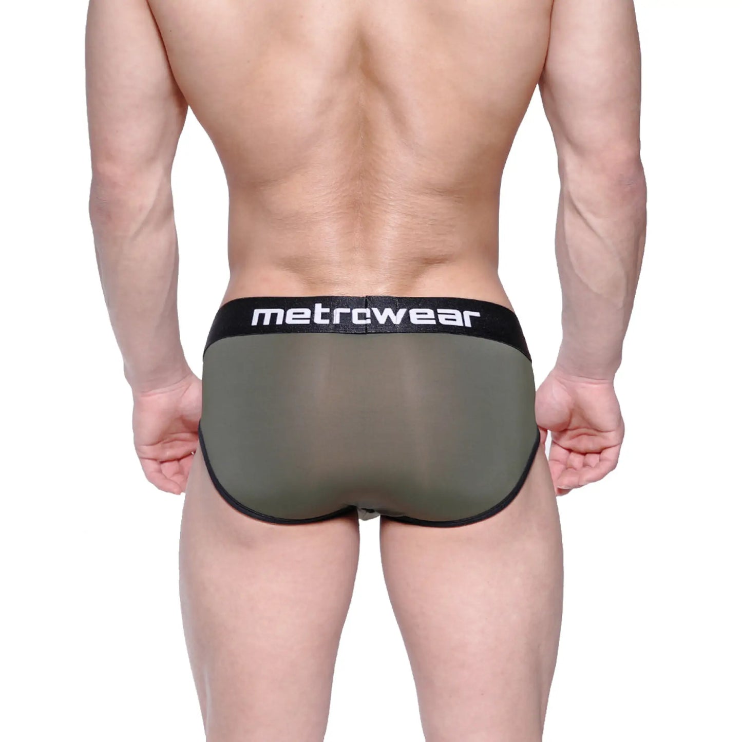 Olive green sheer mesh metrowear briefs with black elastic waistband metroMalewear max bulge brief 1503-26