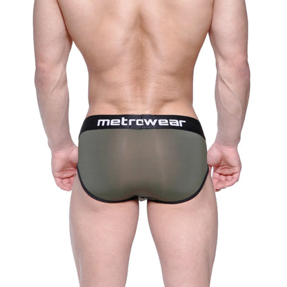 Olive green sheer mesh metrowear briefs with black elastic waistband metroMalewear max bulge brief 1503-26