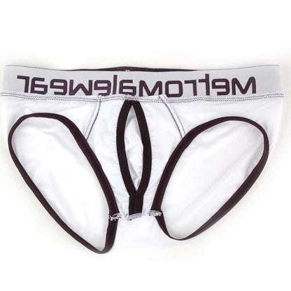 White mens briefs with black trim and mellowear logo on waistband metro malewear max bulge brief white 1503-00