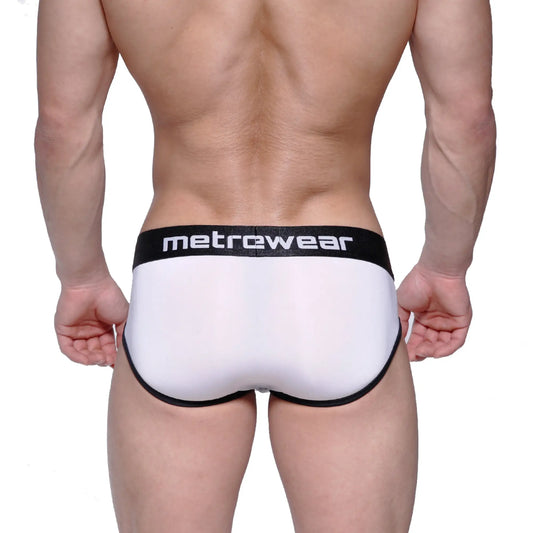 MetroMaleWear max bulge brief white with black trim and waistband showcasing a supportive design in breathable fabric