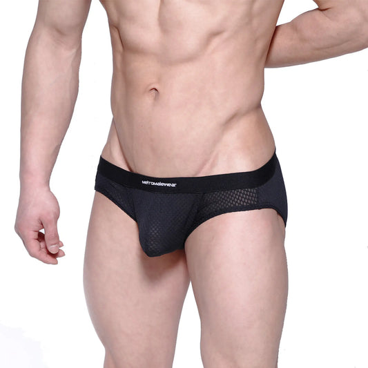 Black mesh hip briefs with a solid elastic waistband branded metromalewear in white lettering model 3003-70