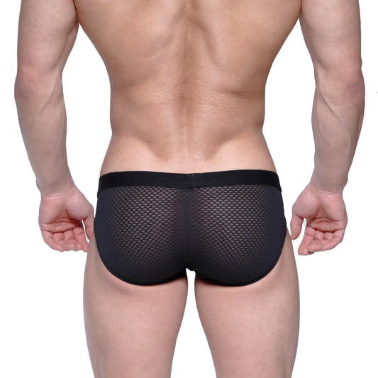 Black mesh briefs with a solid black waistband from MetroMaleWear Max Hip Brief 3003-70 showing front view
