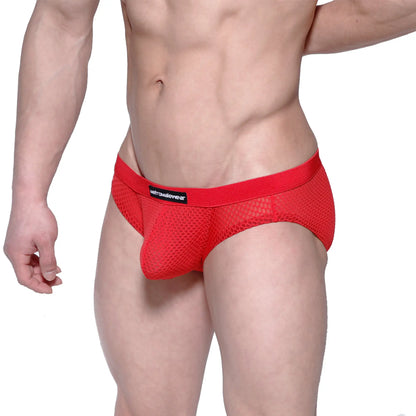 Red mesh MetroMaleWear Max hip briefs featuring a black brand label on the waistband for comfortable wear