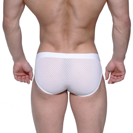 White mesh briefs with solid white waistband from metromalewear max hip brief 3003-71 showing front side view