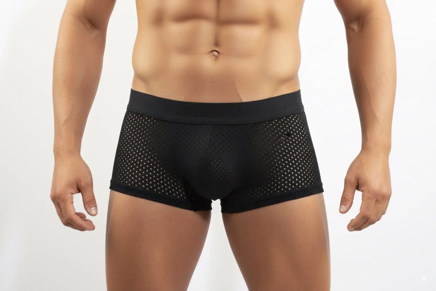 Black mesh boxer briefs with solid waistband from metromalewear max mesh boxer black 3013-75 for breathable comfort