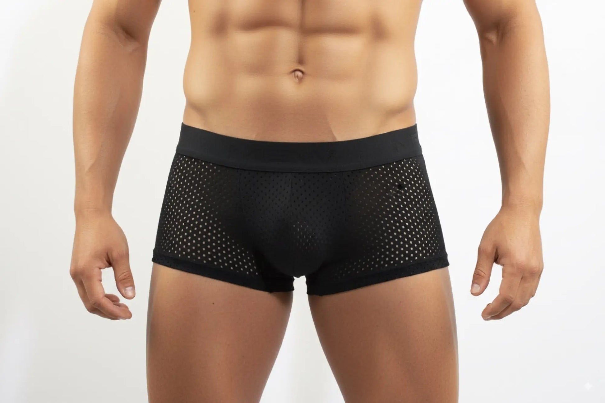 Black mesh boxer briefs with solid waistband from metromalewear max mesh boxer black 3013-75 for breathable comfort