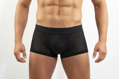Black mesh boxer briefs with solid waistband from metromalewear max mesh boxer black 3013-75 for breathable comfort