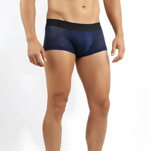 Navy blue mesh briefs with a black elastic waistband from metromalewear max mesh boxer 3013-76 collection