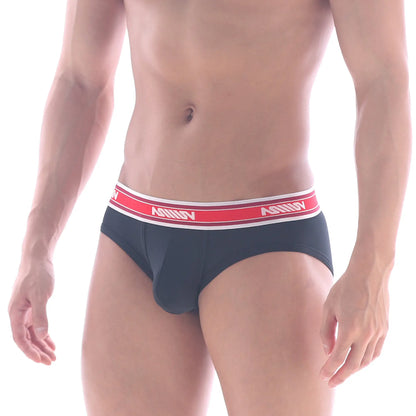 Black MetroMaleWear Max Mesh hip briefs with red and white asmin elastic waistband in breathable fabric