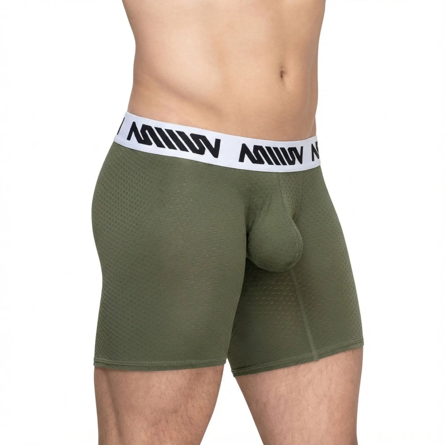 Olive green mesh metroMalewear max mid cut boxer briefs with white waistband and black miiow branding khaki 8023-26
