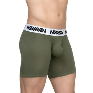 Olive green mesh metroMalewear max mid cut boxer briefs with white waistband and black miiow branding khaki 8023-26