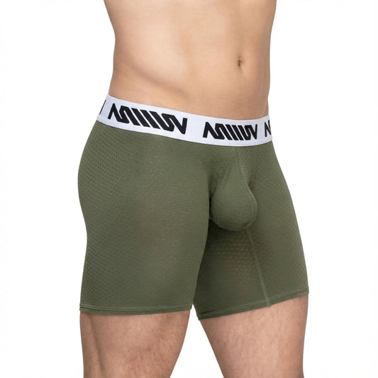 Olive green mesh metroMalewear max mid cut boxer briefs with white waistband and black miiow branding khaki 8023-26