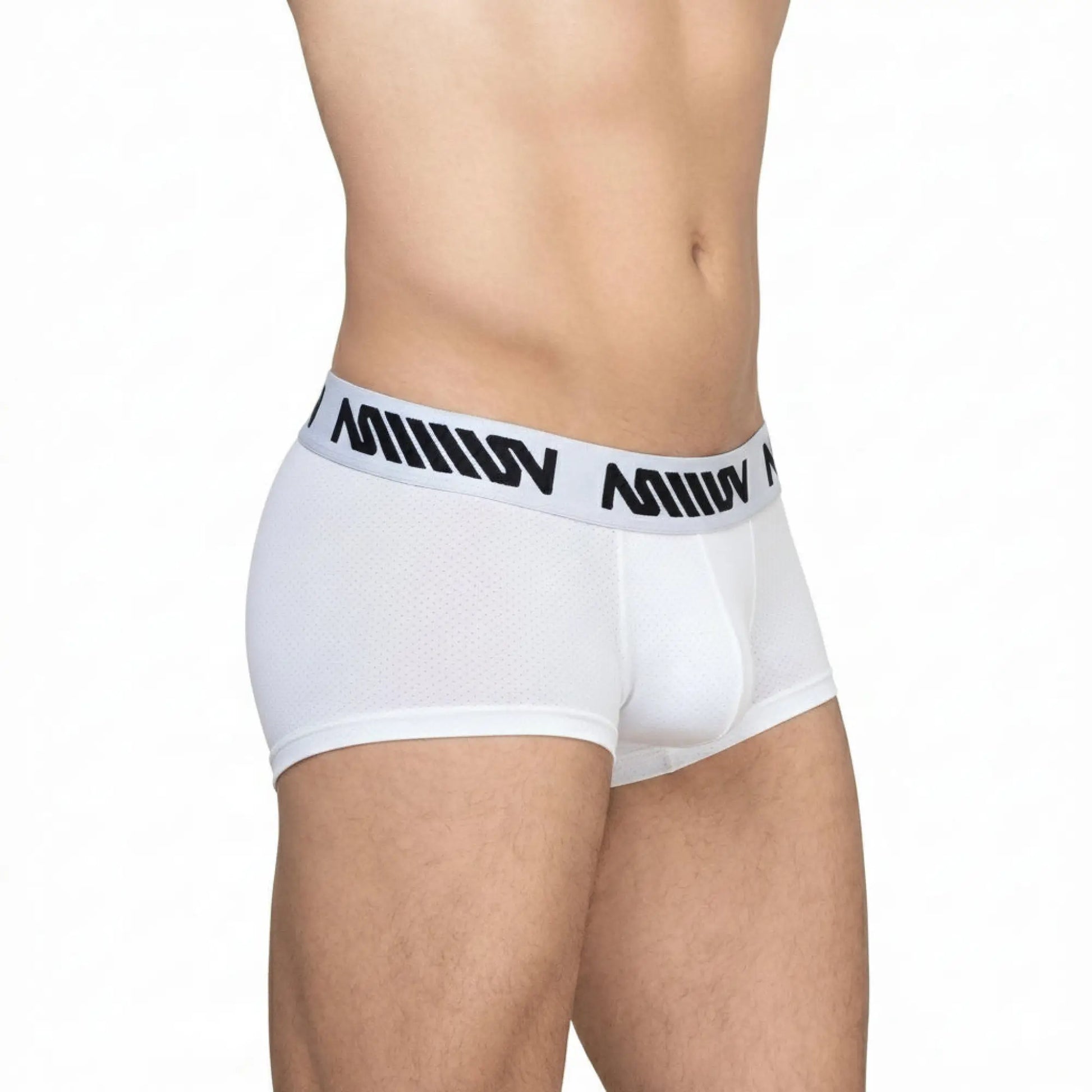 White metro malewear max short boxer briefs with black miiow logo waistband for comfortable everyday wear
