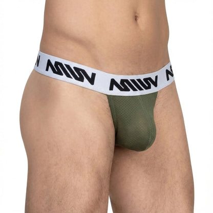 Olive green mesh thong with white waistband featuring black miw branding from MetroMaleWear max thong khaki 3202-26