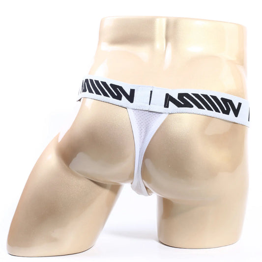 White mesh thong with black metro male wear logo band showing front view for comfortable daily wear