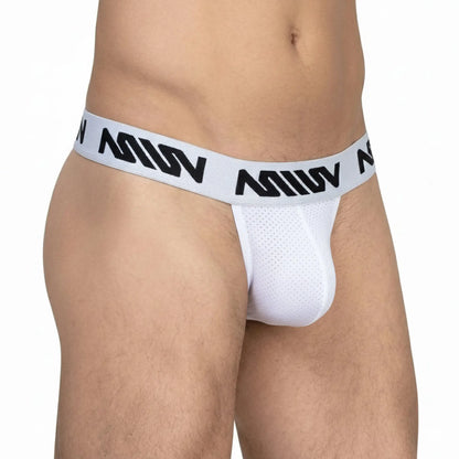 MetroMaleWear max thong white jockstrap with perforated mesh front and black miw logo waistband branding