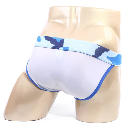 MetroMaleWear Maxim bikini briefs in blue and white camouflage pattern with solid white body and blue trim